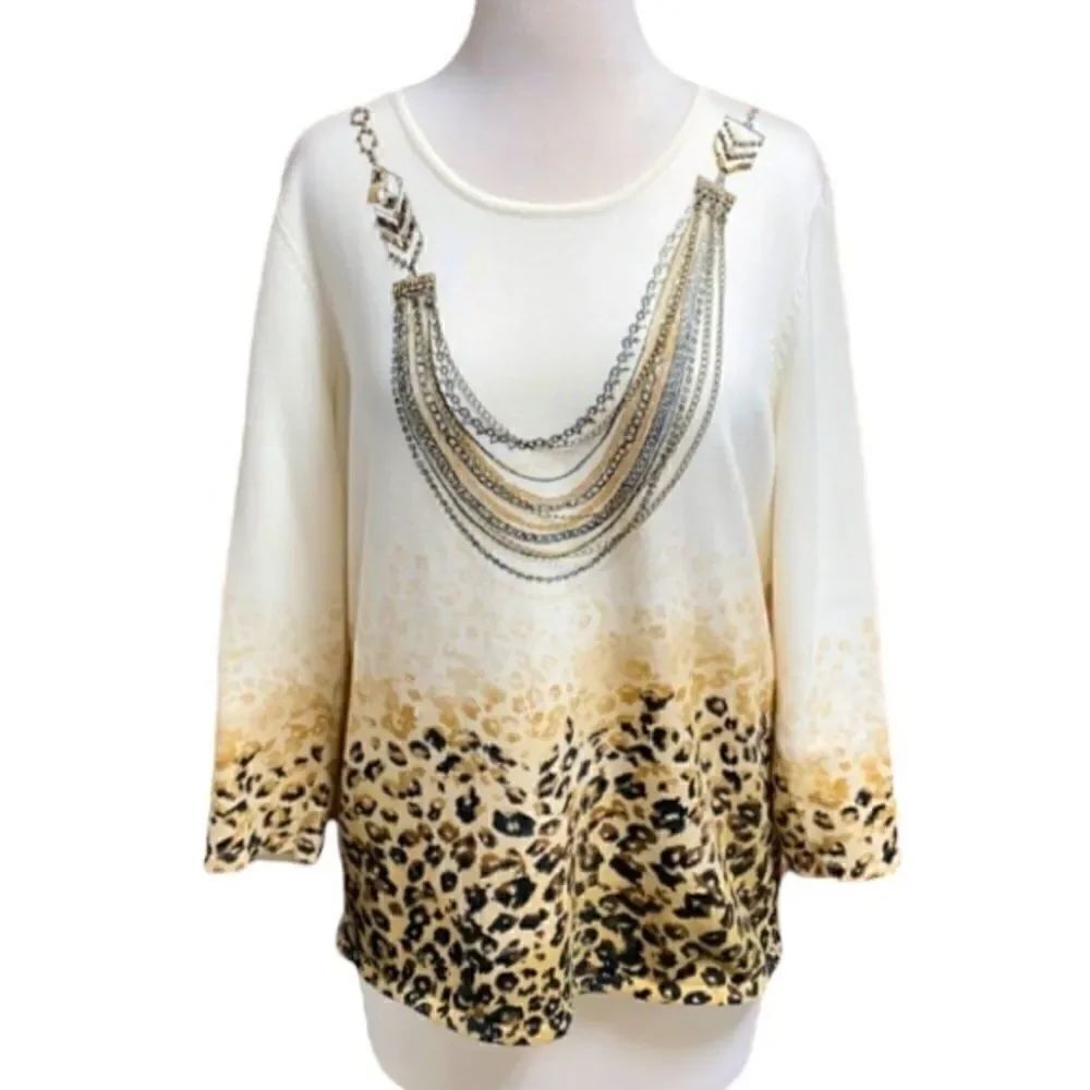 Alfred Dunner Crew 3/4 Sleeve Leopard Sweater S